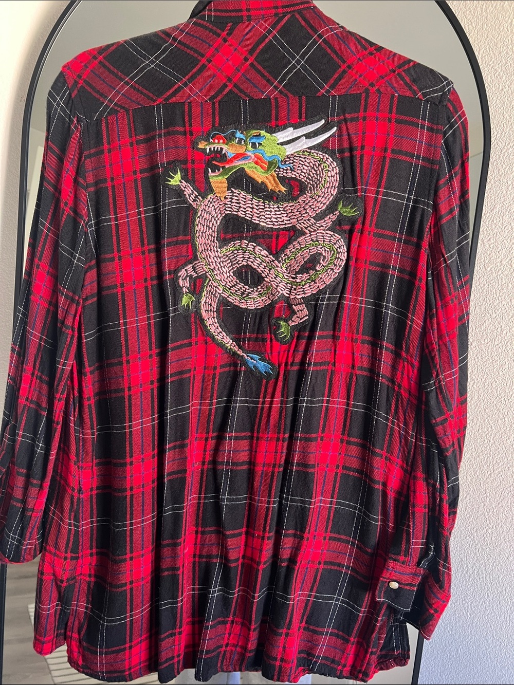 Red & Black Plaid Flannel Shirt with Embroidered Dragon